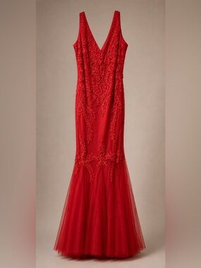 Red Embroidered Tulle Mermaid Gown